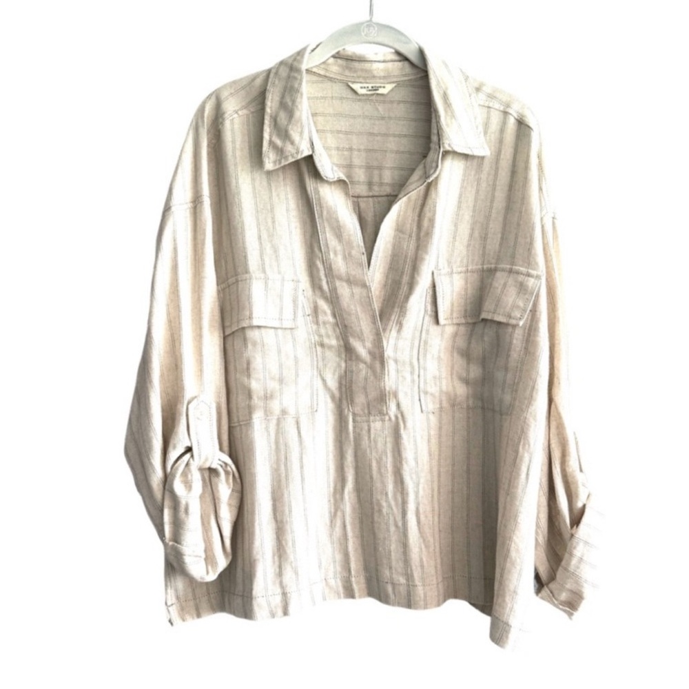 Max Studio Linen Button Down Shirt Roll Tab Sleeve Top Pockets Cream Tan Size XL